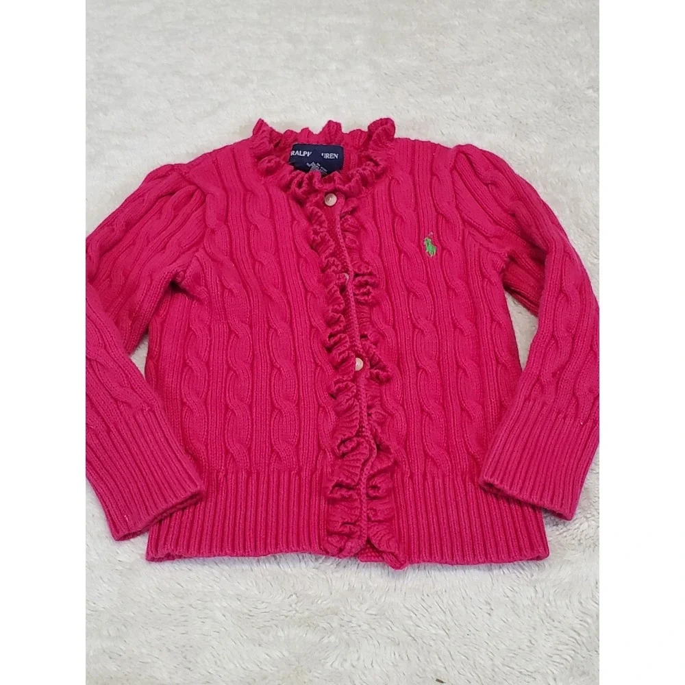 Ralph Lauren Bright Pink Cable Knit Button Ruffle Cardigan 2 2T Preppy Classic